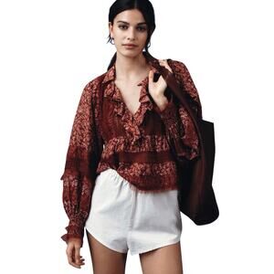 ANTHROPOLOGIE Women’s Boho Red Floral Lace Vneck Long Sleeve Top